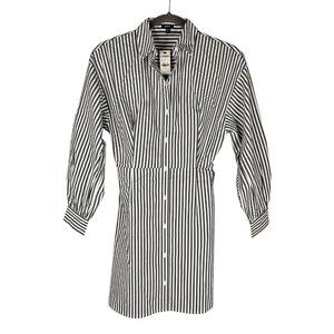 EXPRESS Women's Gray White Stripe Fit & Flare Long Sleeve Shirt Dress NWT XS